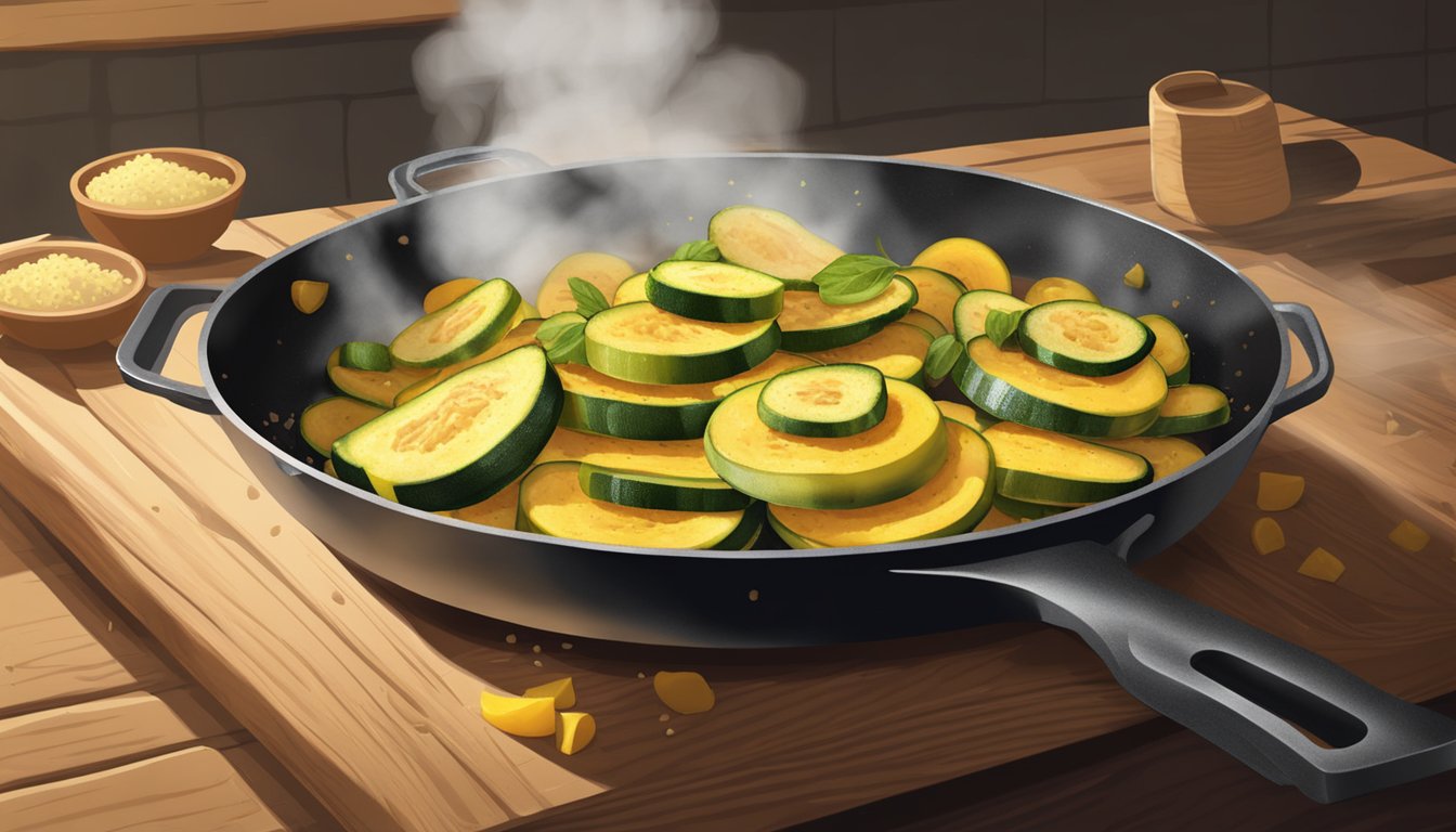 A skillet sizzling with golden fried squash and zucchini, steam rising from the pan as it sits on a rustic wooden kitchen counter