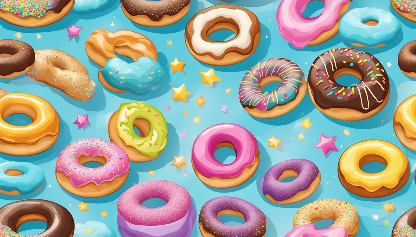 A colorful array of doughnuts arranged in a circular pattern, with various toppings and fillings, surrounded by swirling dream-like clouds and sparkles