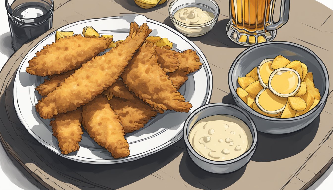 A bowl of beer batter sits next to a plate of fish and chips, ready to be dipped and fried