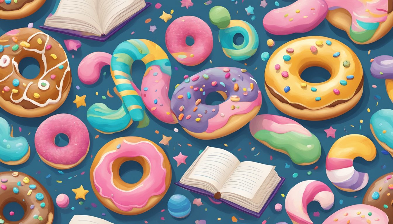 A whimsical landscape of floating doughnuts and colorful swirls, with books and paintbrushes scattered around