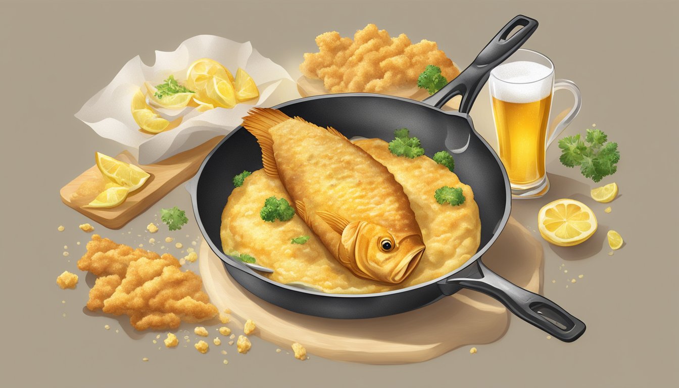 A fish frying in a golden beer batter, sizzling in a pan