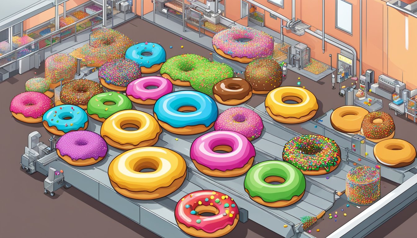 A bustling doughnut factory with conveyor belts, mixing machines, and a mountain of colorful sprinkles