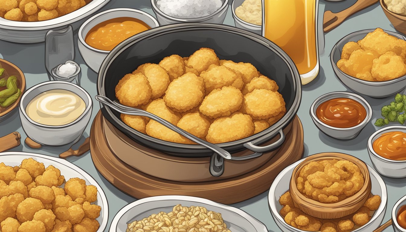 Golden-brown foods sizzling in a bubbling pot of beer batter. Bowls of condiments and utensils nearby