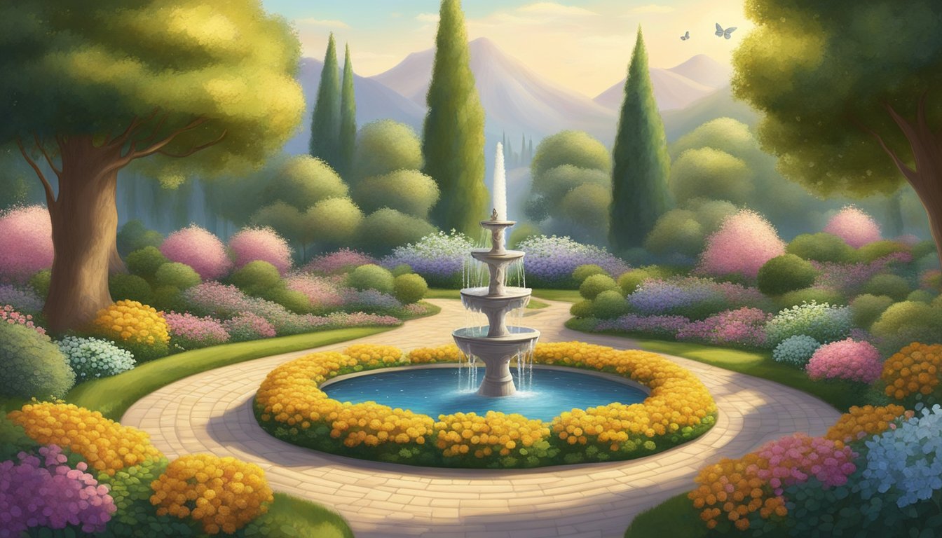 A serene garden with towering doughnut trees, their golden glaze glistening in the sunlight. A winding path leads to a sparkling fountain at the center, surrounded by blooming flowers and butterflies