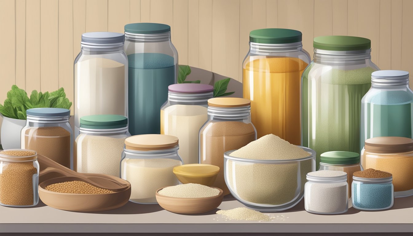 A variety of alternative vegan binders and thickeners arranged on a kitchen counter, including arrowroot powder, flaxseed, and agar agar