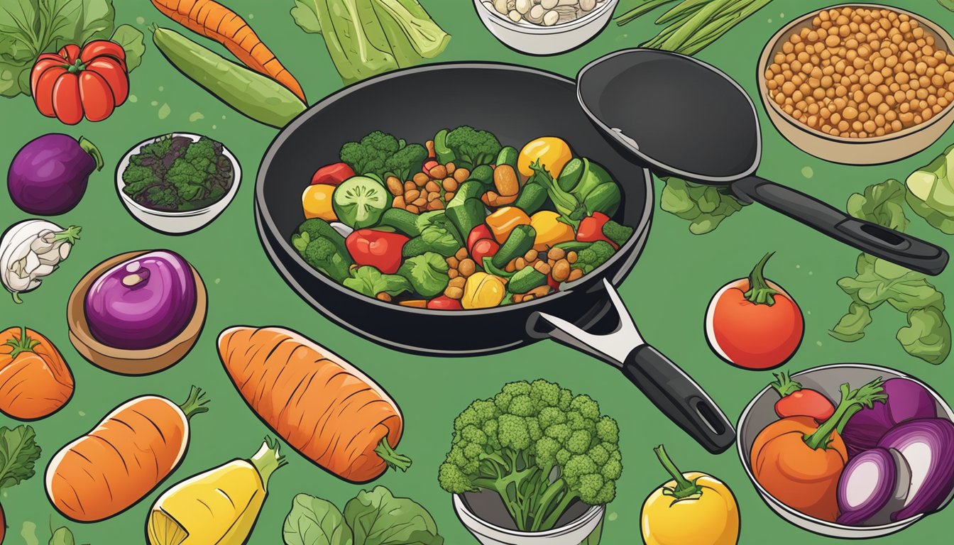 A colorful array of fresh vegetables and plant-based protein options arranged next to a sizzling frying pan, showcasing the variety and health benefits of vegan frying substitutes