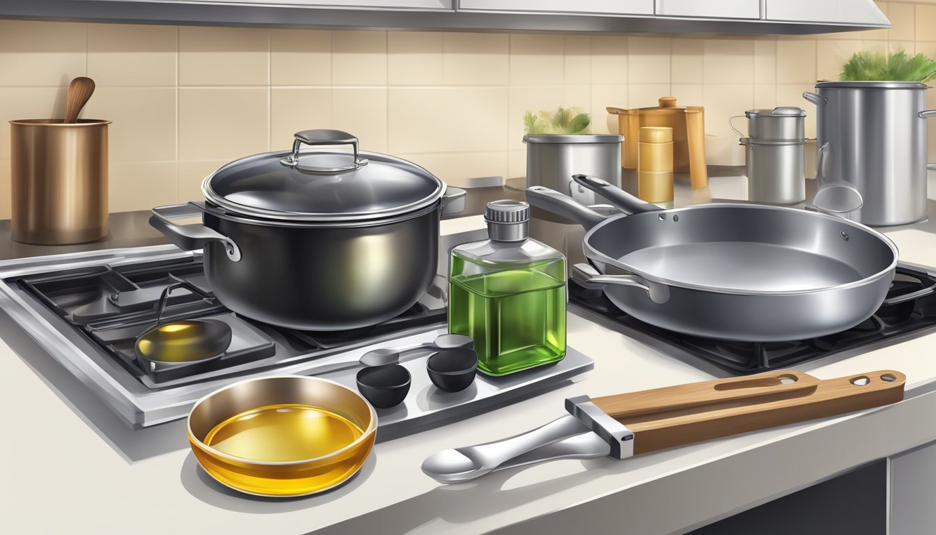 A kitchen counter with various types of oil containers, a frying pan, and utensils for handling oil