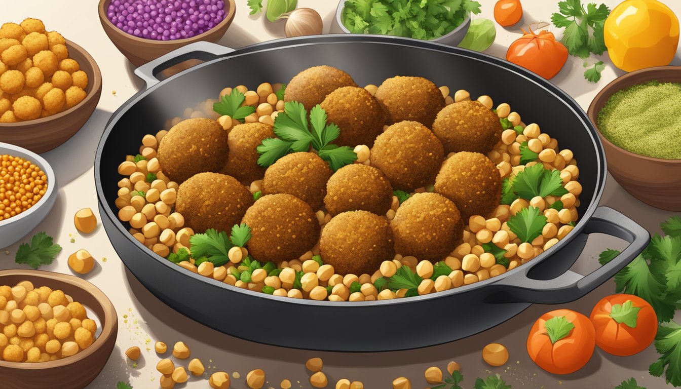 A sizzling pan of golden-brown falafel frying to perfection, surrounded by a colorful array of fresh ingredients like chickpeas, parsley, and spices