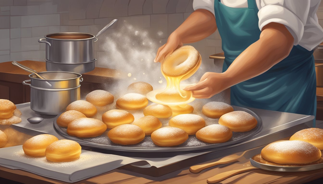 A chef carefully drops beignet dough into sizzling hot oil, creating golden, puffy pastries. A vintage cookbook and scientific equipment sit nearby