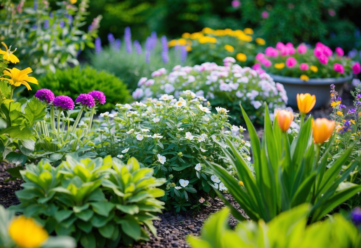 Eine Vielzahl von pflegeleichten Gartenpflanzen in voller Blüte, umgeben von üppigem grünem Laub und bunten Blumen