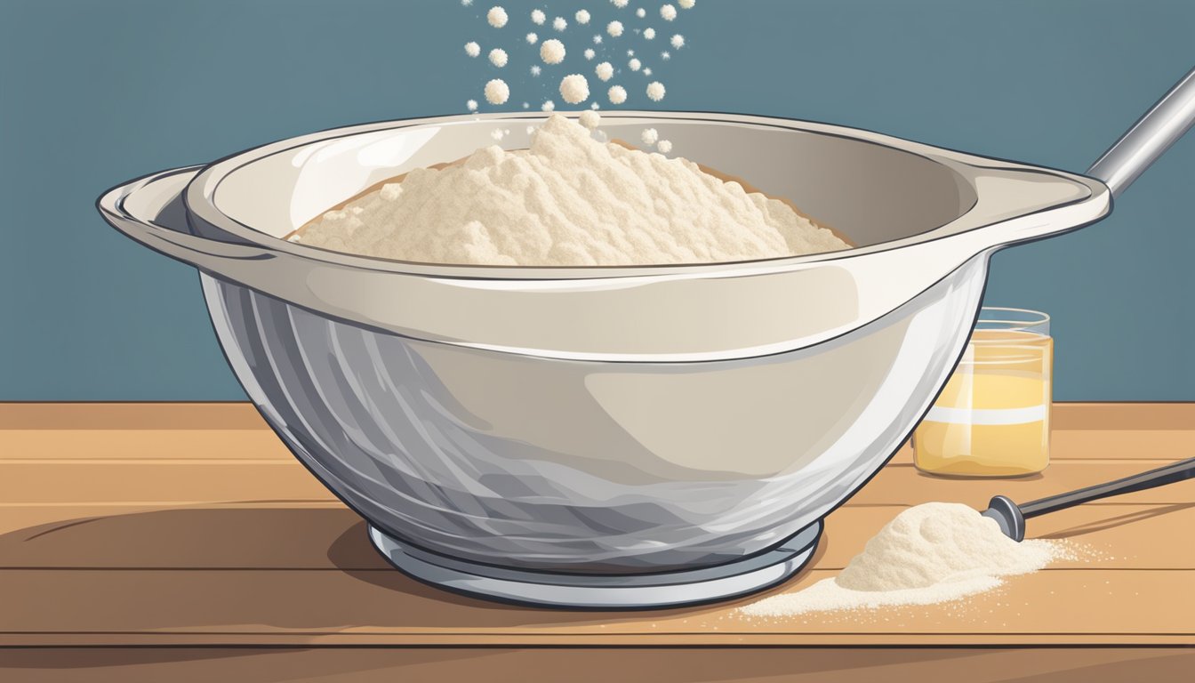 A mixing bowl filled with flour, sugar, and yeast. A measuring cup pouring milk into the bowl. A whisk stirring the dough