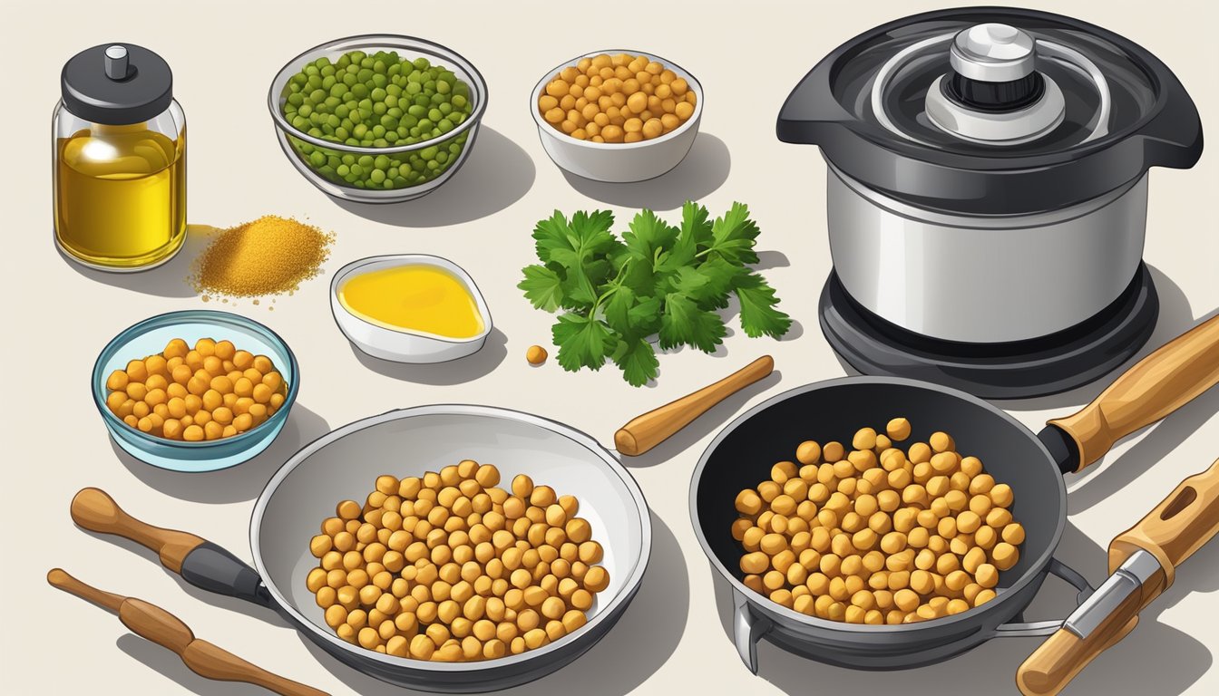 A kitchen counter with a bowl of chickpeas, spices, and a food processor. A frying pan with sizzling oil ready for falafel