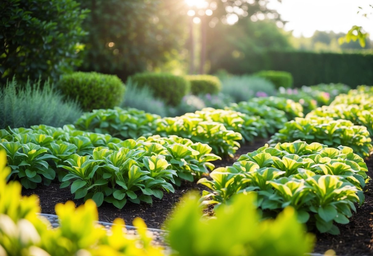 Ein ruhiger Garten mit pflegeleichten Pflanzen, die in ordentlichen Reihen angeordnet sind, umgeben von üppigem Grün und in warmem Sonnenlicht getaucht.