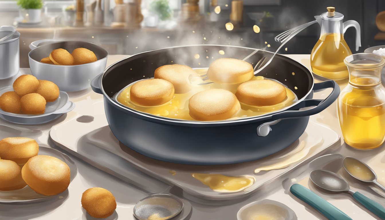 A bubbling pot of oil with a golden beignet frying to perfection, surrounded by scattered ingredients and utensils on a messy kitchen counter