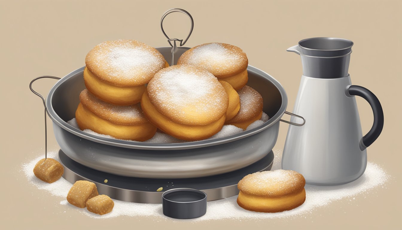 A bubbling pot of oil with golden beignets floating on a wire rack, surrounded by ingredients like flour, sugar, and vanilla beans