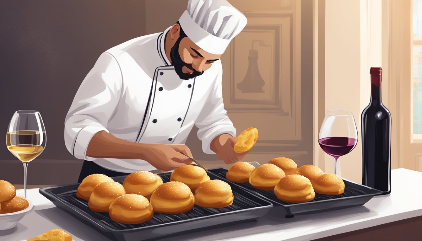 A chef fries beignets in a sizzling pan while a sommelier selects a wine to pair with the sweet, golden pastries