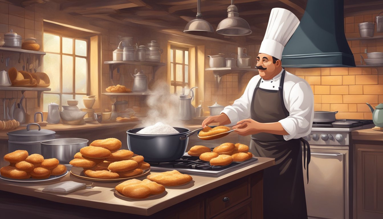 A chef carefully fries beignets in a traditional kitchen, surrounded by vintage cookware and ingredients. The aroma of the sweet treats fills the air