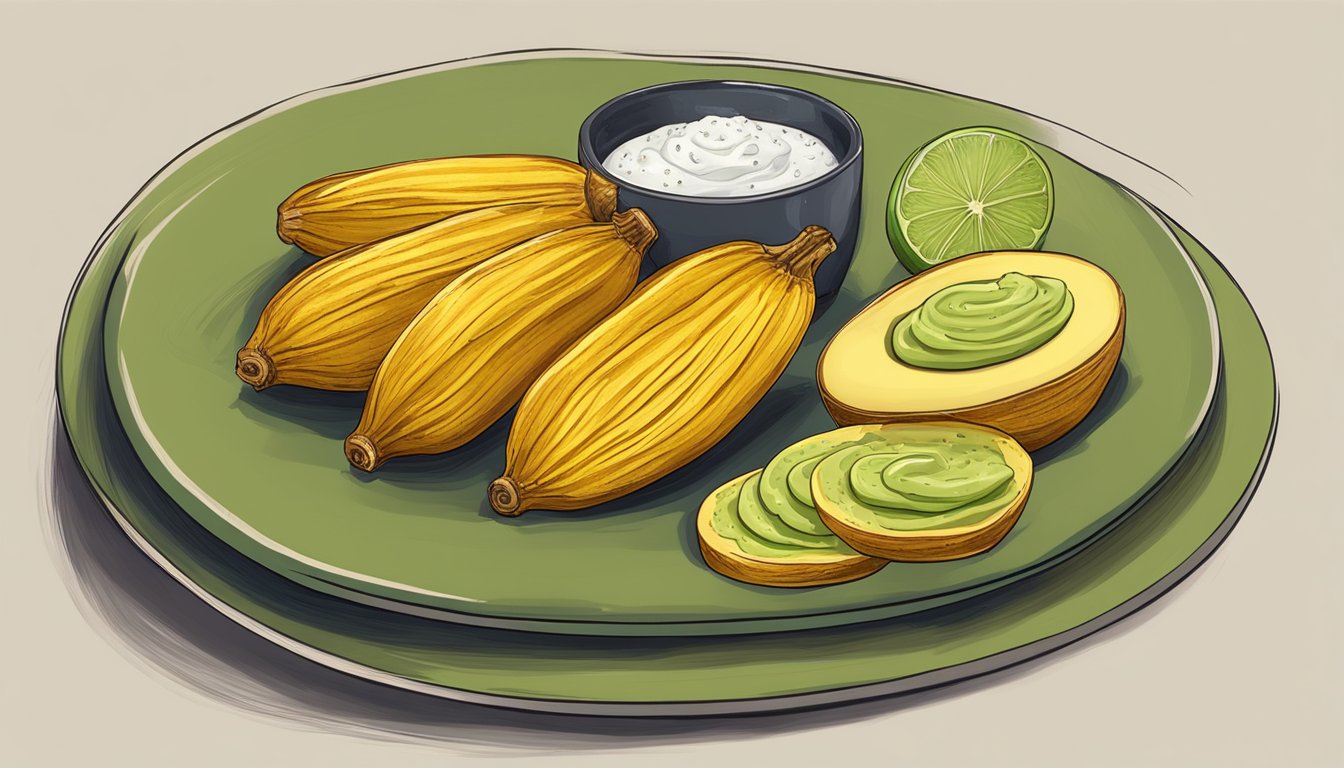 Golden plantains on a plate, sprinkled with salt and served with a side of creamy avocado dip