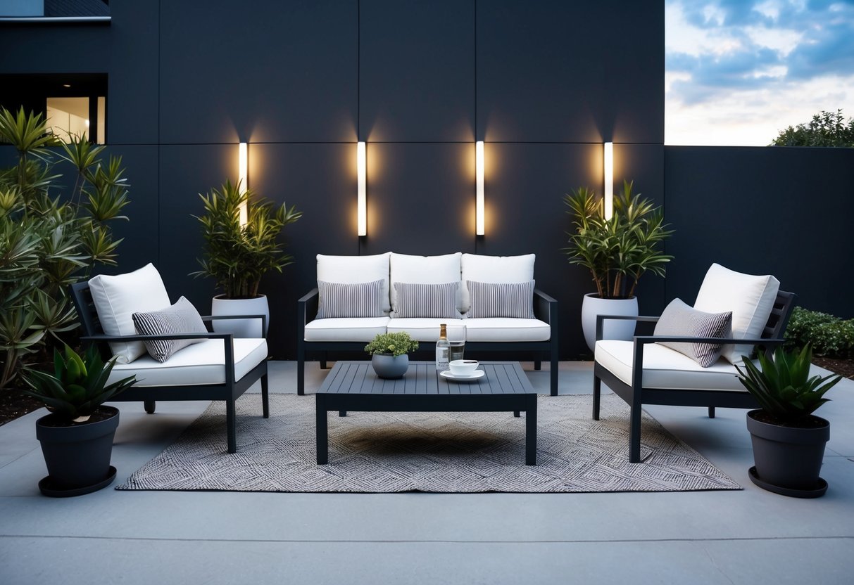 Ein elegantes, minimalistisches Gartenmöbelset, das auf einer modernen Terrasse mit Pflanzen in Töpfen und stilvoller Beleuchtung angeordnet ist.