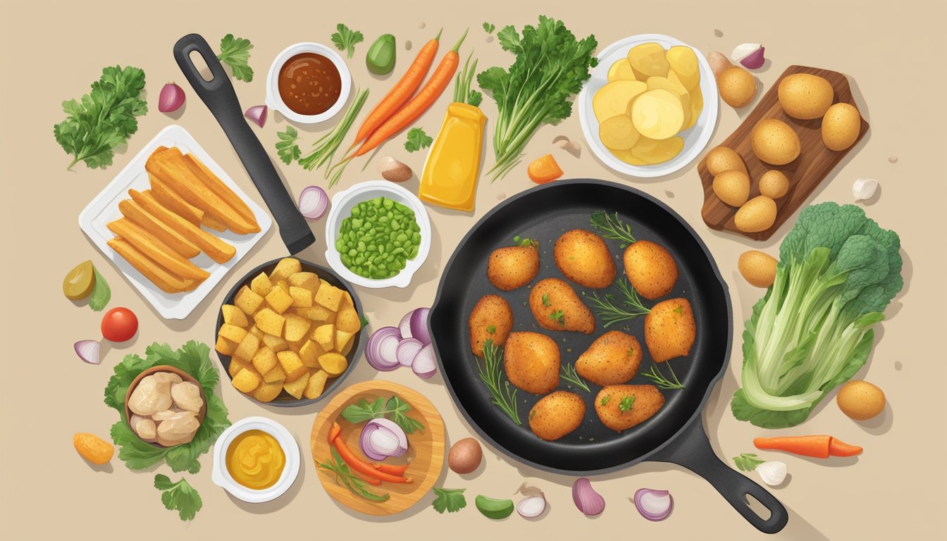 A skillet sizzling with oil, surrounded by various ingredients like potatoes, chicken, and vegetables, as they undergo the transformative process of frying