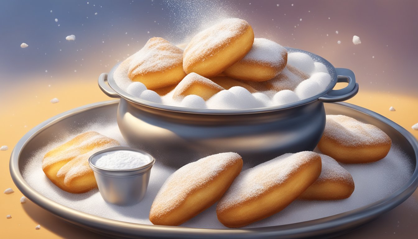 A bubbling pot of oil fries a beignet to golden perfection. A cloud of powdered sugar hovers in the air