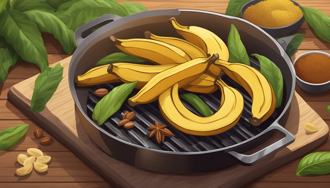 Ripe plantains sizzling in a hot pan, releasing a sweet aroma. Surrounding spices and flavor pairings arranged neatly on a wooden cutting board