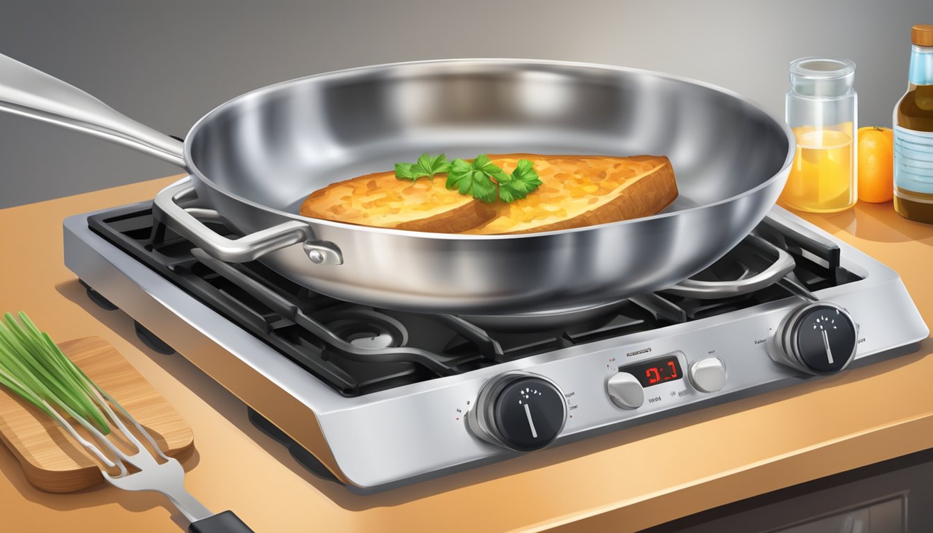 A stainless steel frying pan sits on a gas stove, sizzling with hot oil. A digital thermometer and a slotted spatula are nearby, ready for use