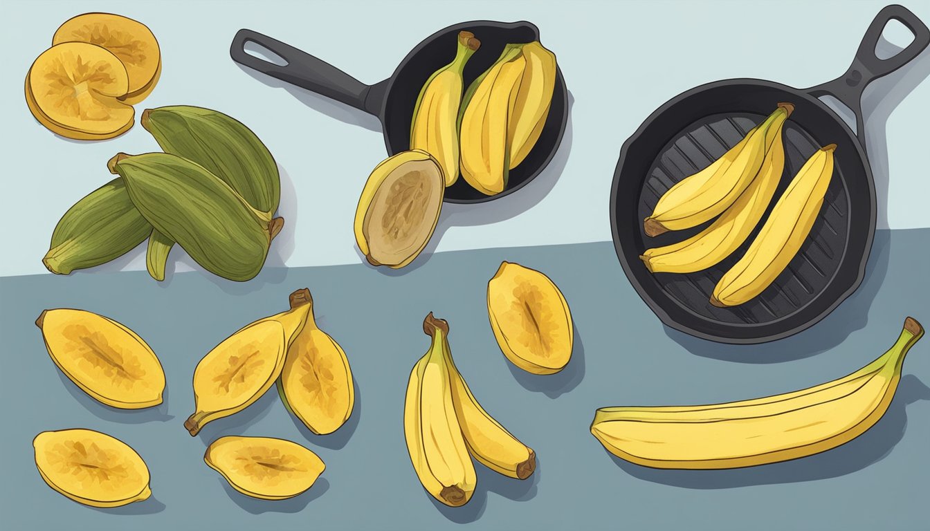 Ripe plantains being sliced, fried, and then stored in an airtight container. Later, the plantains are being reheated in a skillet