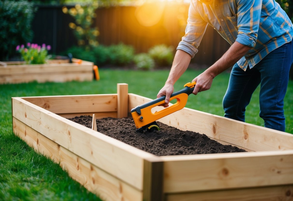 Eine Person, die ein Hochbeet aus Holz und Werkzeugen im Garten baut.