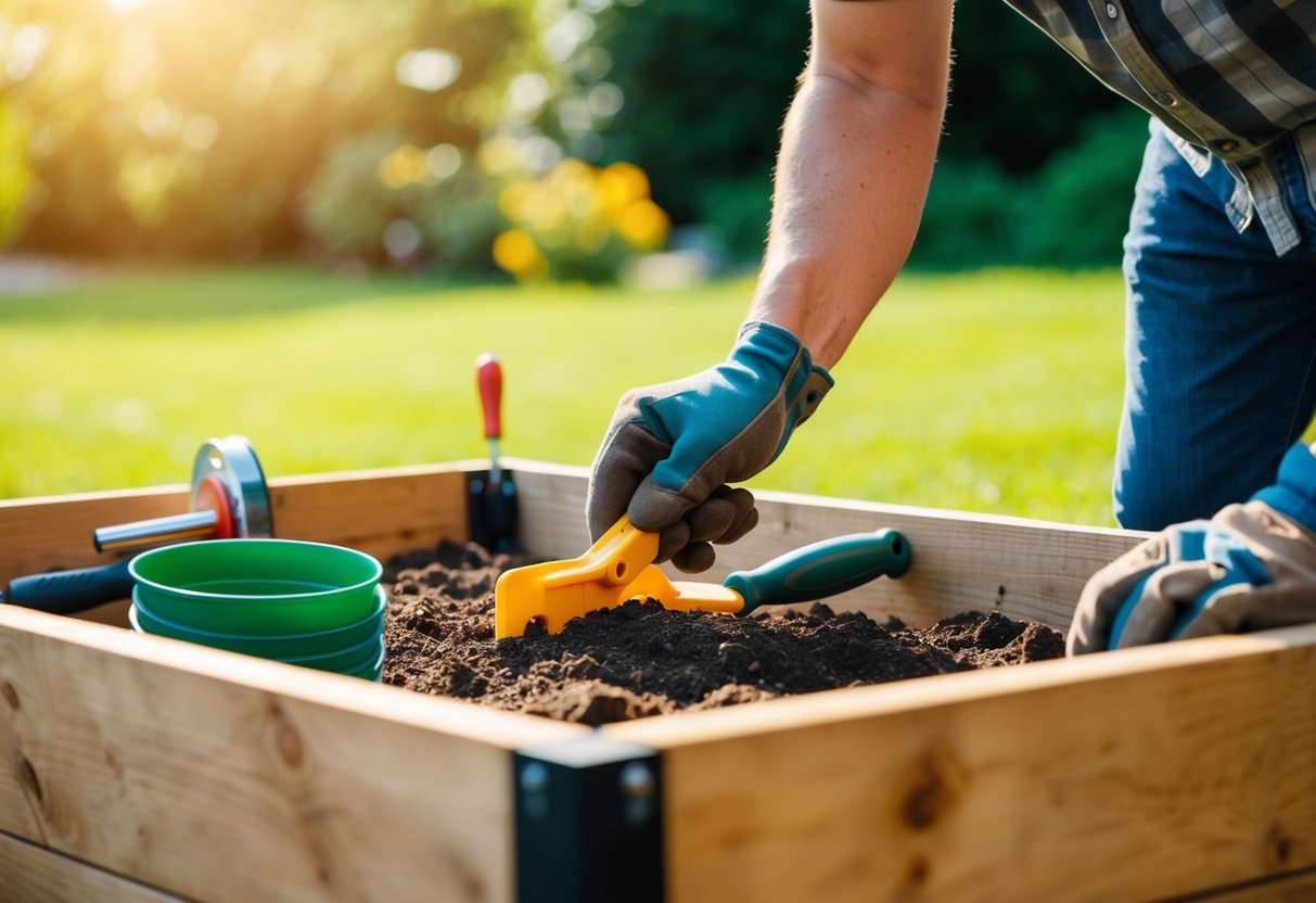 Eine Person, die Materialien und Werkzeuge zusammenstellt, um ein Hochbeet zu bauen.