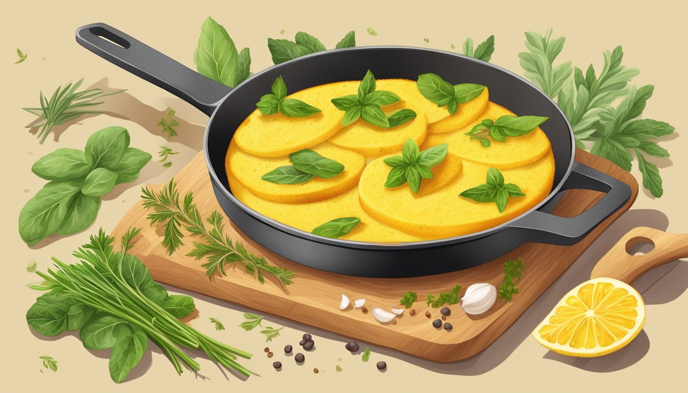 Golden polenta slices sizzling in a hot pan, emitting a savory aroma, surrounded by fresh herbs and spices