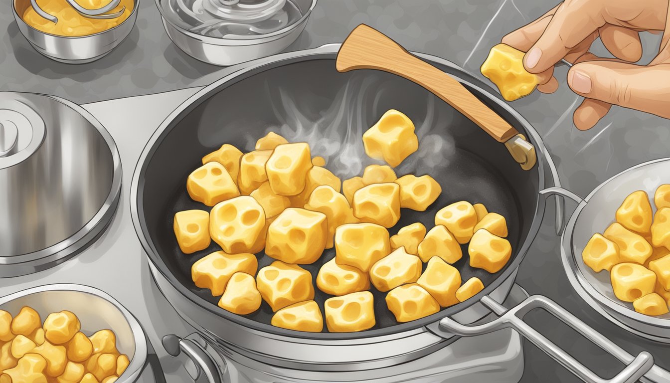 Cheese curds sizzle in hot oil, turning golden brown. Steam rises as they are carefully flipped with a spatula