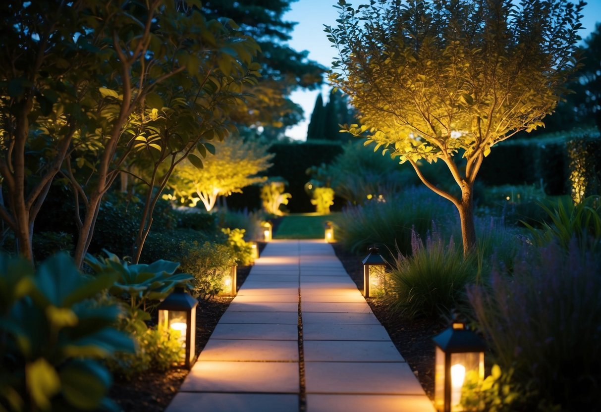Ein ruhiger Garten in der Dämmerung, mit sanftem, warmem Licht, das die Wege beleuchtet und die natürliche Schönheit von Pflanzen und Bäumen hervorhebt.