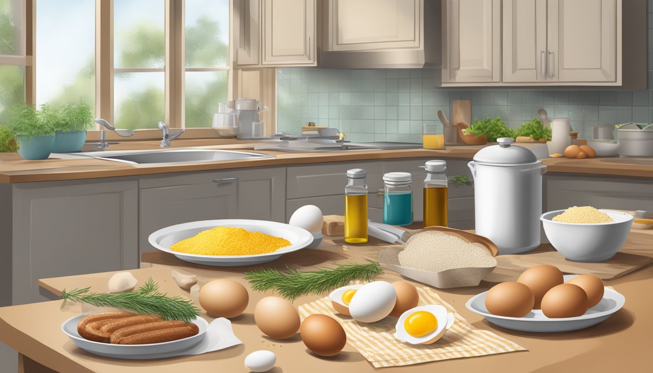 A kitchen counter with eggs, breadcrumbs, sausage, and oil