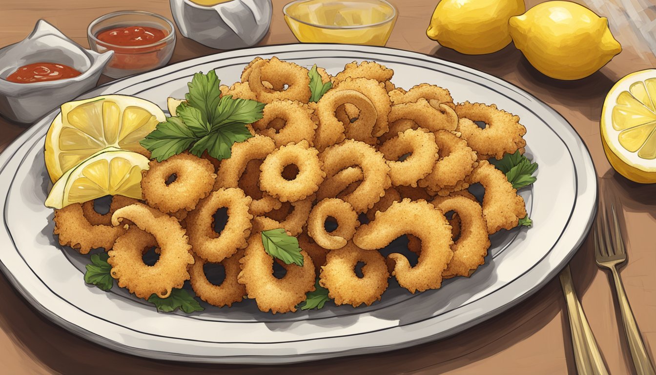 A plate of golden fried calamari arranged with lemon wedges and a side of marinara sauce