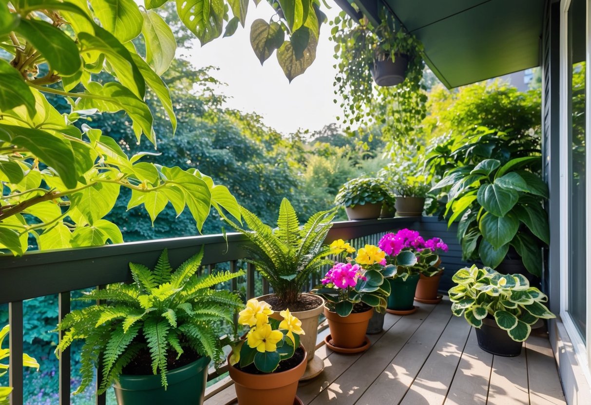 Ein schattiger Balkon mit Topfpflanzen, darunter Farne, Begonien und Impatiens, umgeben von üppigem Grün und geflecktem Sonnenlicht, das durch die Blätter filtert.
