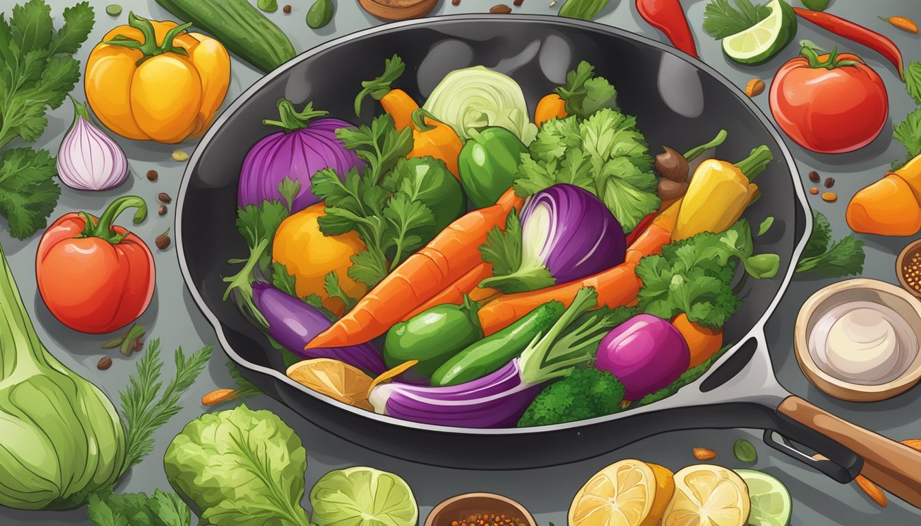 Fresh vegetables sizzling in a non-stick pan, surrounded by colorful spices and herbs. A small amount of healthy oil is being used for frying