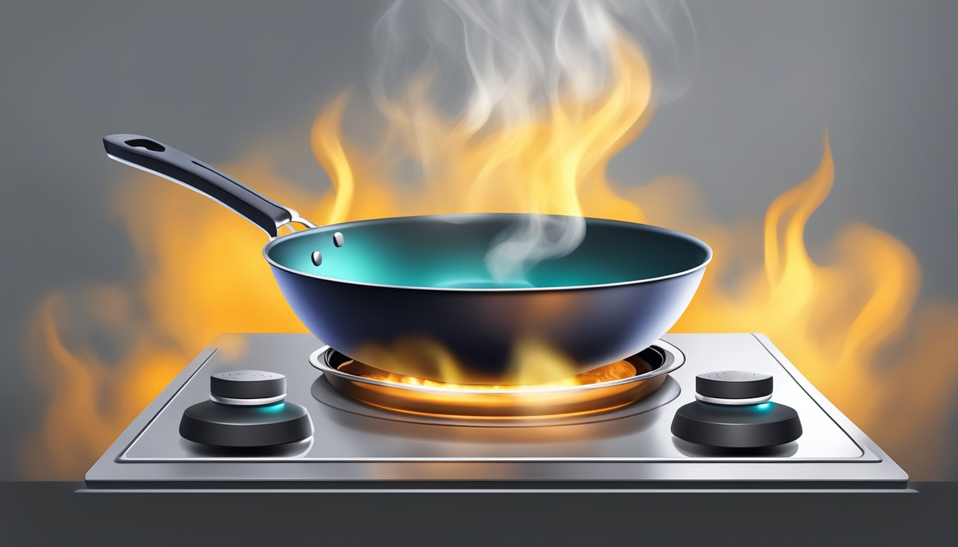 A sizzling frying pan on a modern stovetop, emitting steam and the aroma of cooking food