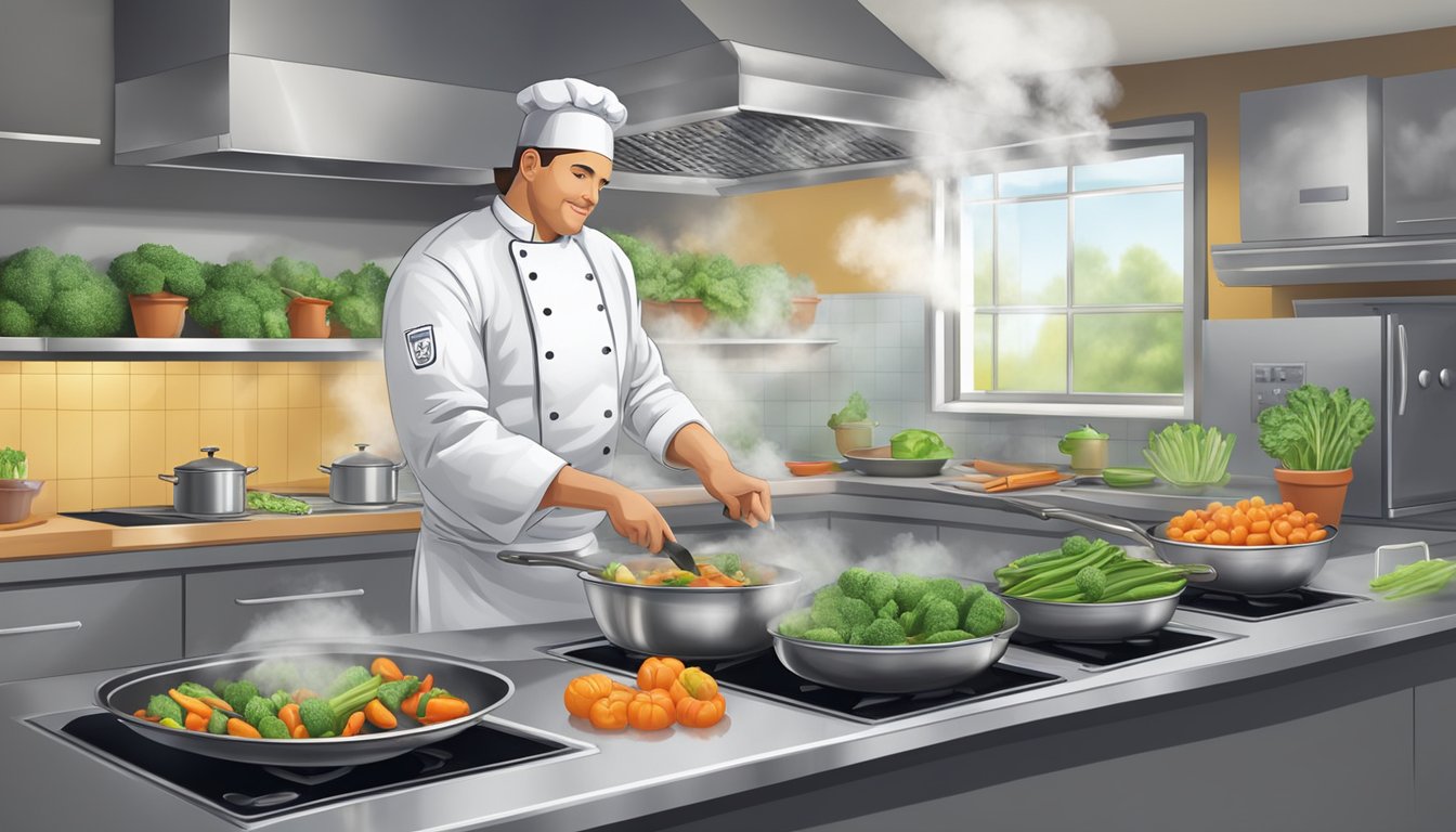 A chef uses a non-stick pan to fry vegetables, steam rising, with a ventilation hood above to reduce harmful compounds