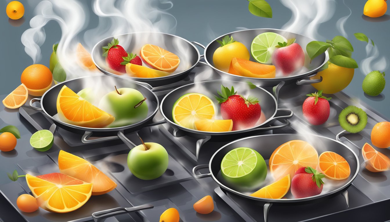 Slices of fruit sizzling in a hot pan, surrounded by steam and a sweet aroma