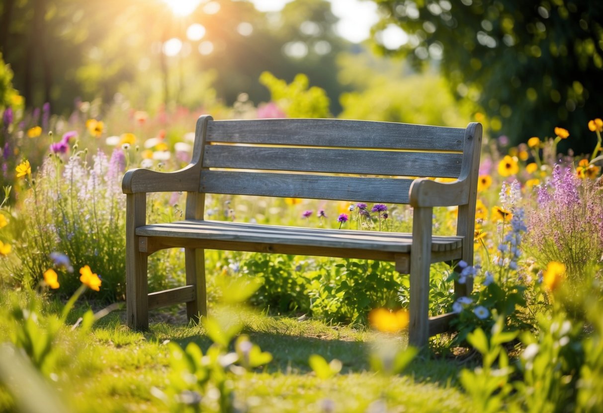 Eine rustikale Gartenbank, umgeben von Wildblumen und geflecktem Sonnenlicht