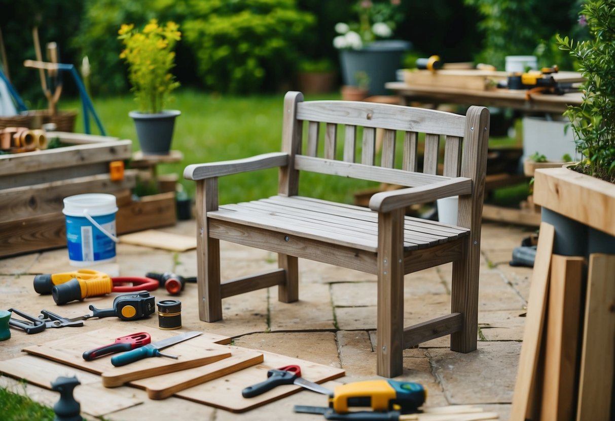 Eine rustikale Gartenbank wird geplant und entworfen, während Werkzeuge und Materialien verstreut herumliegen.