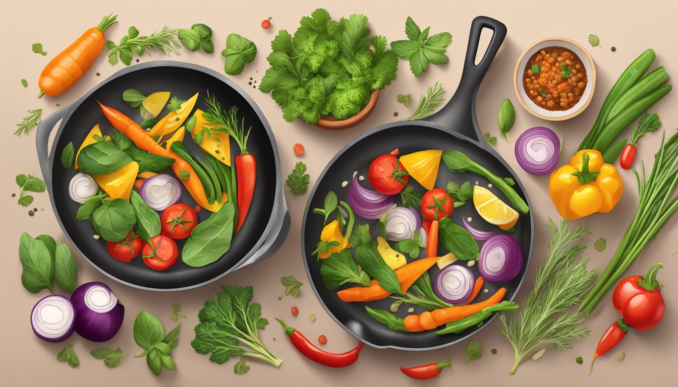 A skillet sizzling with colorful vegetables and lean protein, surrounded by fresh herbs and spices