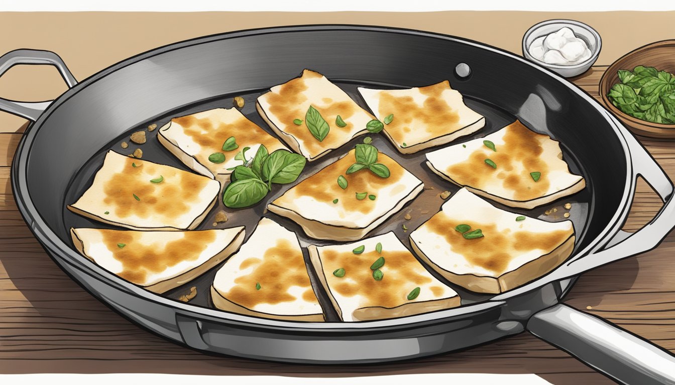 Goat cheese slices sizzling in a hot skillet, browning and crisping on each side