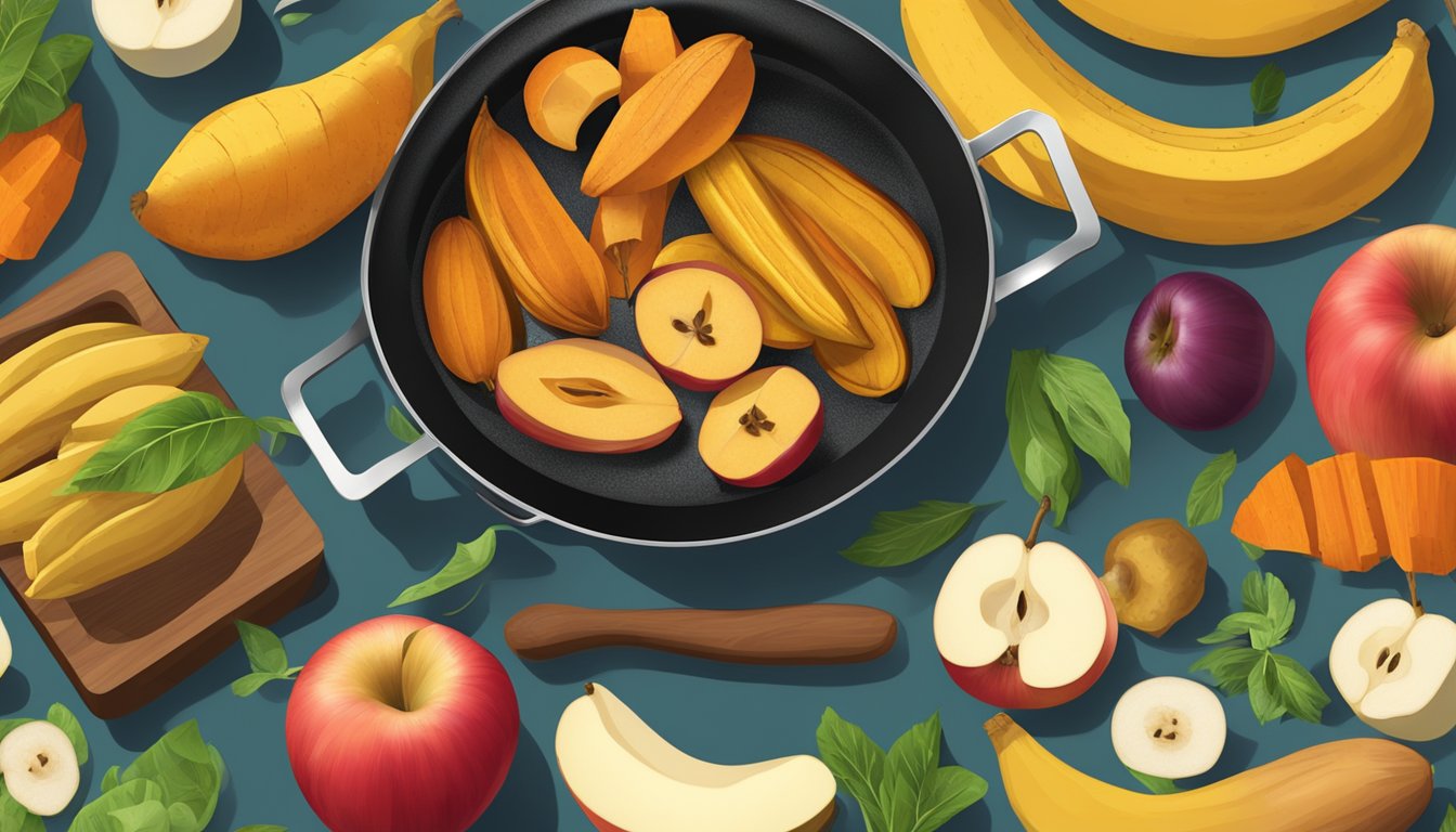 A variety of ingredients, such as plantains, apples, and sweet potatoes, sizzling in a pan of hot oil