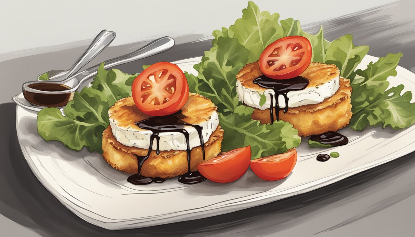 A plate of fried goat cheese on a bed of mixed greens with sliced tomatoes and a drizzle of balsamic glaze