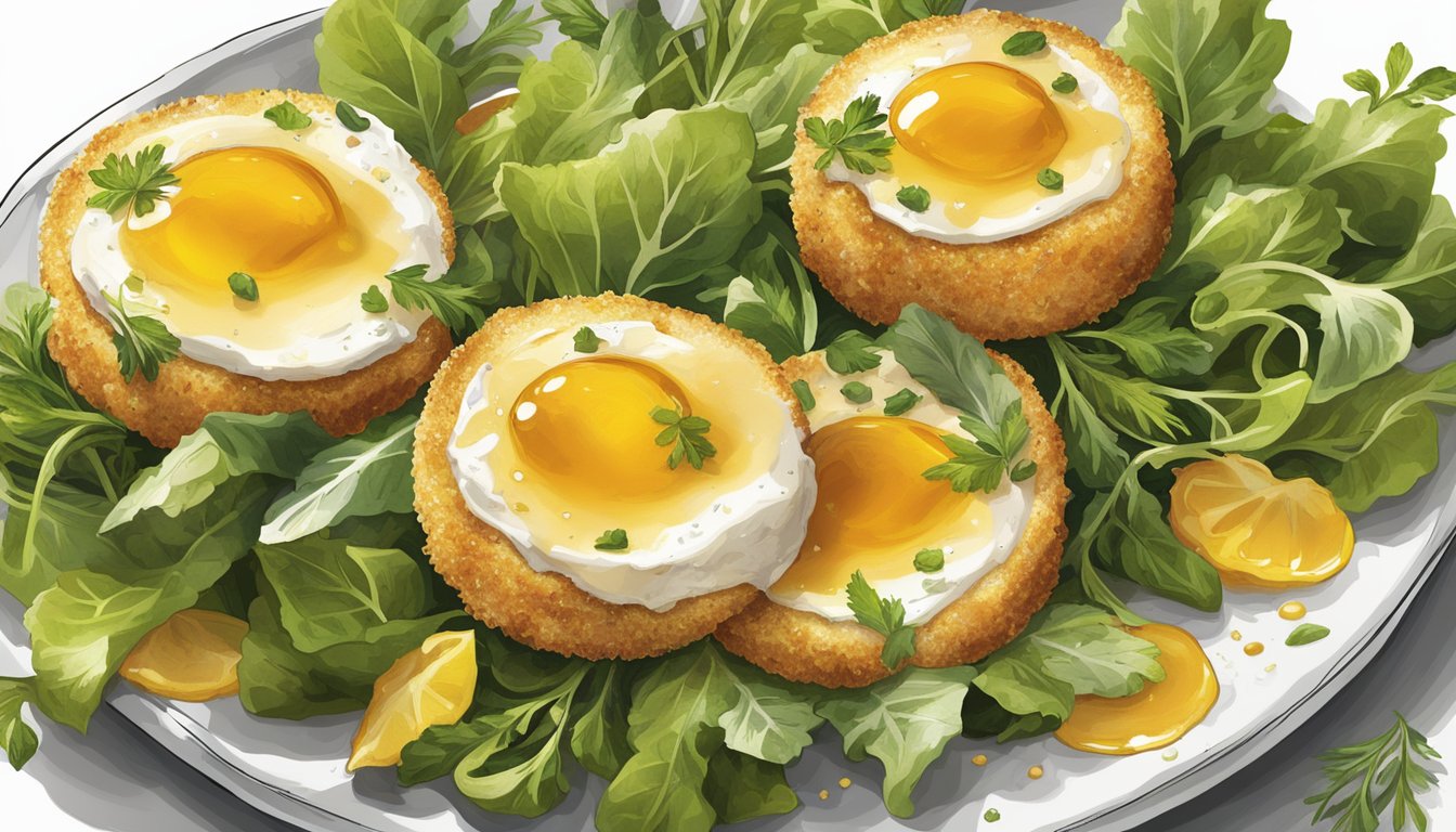 Golden-fried goat cheese rounds on a bed of mixed greens, drizzled with honey and garnished with fresh herbs