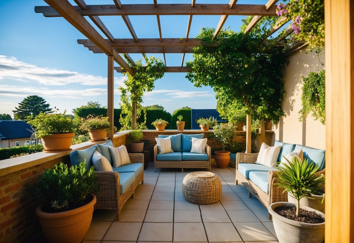 Eine ruhige Gartenterrasse mit Topfpflanzen, gemütlichen Sitzgelegenheiten und einer Pergola unter einem blauen Himmel