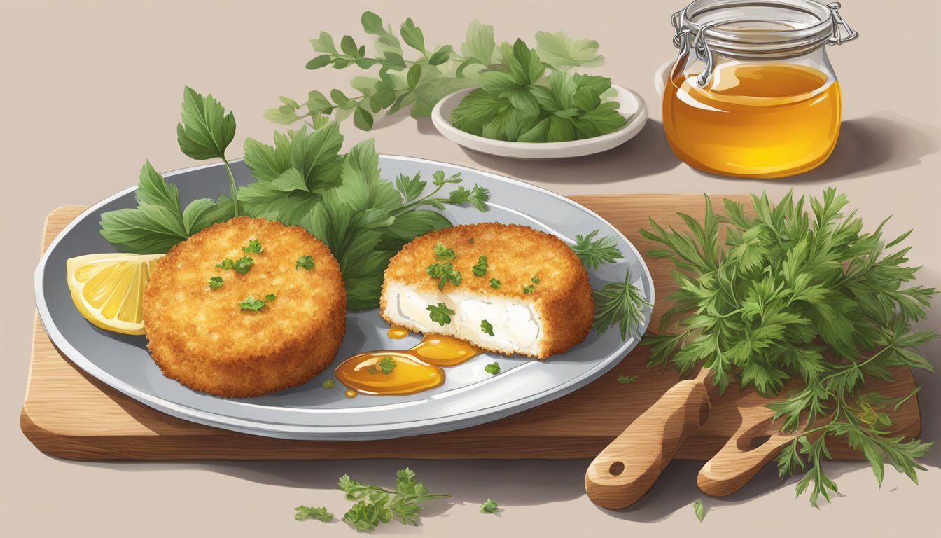 A plate of fried goat cheese sits on a wooden cutting board, surrounded by fresh herbs and a small dish of honey