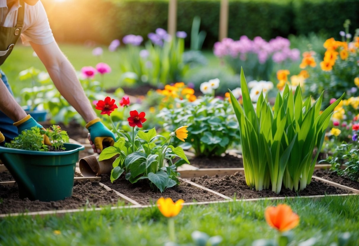 Ein Garten mit verschiedenen Pflanzen und Blumen, die im Frühling gepflanzt und gepflegt werden.